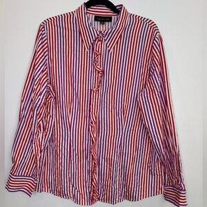 Jones New York fun Red and Purple Striped ruffle Button-Up Shirt size XL